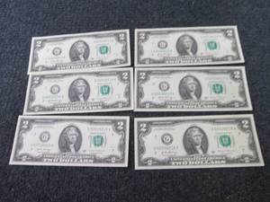 6 Sequential Uncirculated $2 Bills...