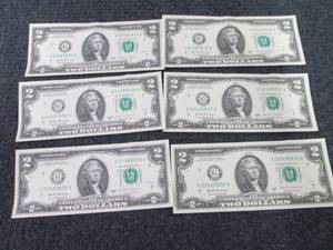 Lot of 6 consecutively numbered uncirculated $2.00 bills