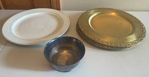 lot 111 image: MAIN - Assorted Tableware Lot Gibson Plate, Brass Chargers, Silver Toned Bowl