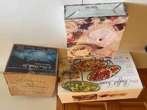 lot 257 image: MAIN - Lot of 3 Serving Sets Tuscany Essentials 9-Piece Dessert Set, Anchor Hocking 18-Piece Punch Set, and Lillian Vernon 3 Tier Buffet Server
