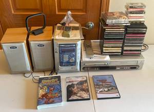 lot 287 image: MAIN - Aiwa AR-M10U Micro Compact System with Magnavox MDV530VR DVD VCR Combo, Speakers, and CD Collection