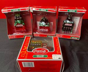 lot 144 image: BASEMENT - Coca-Cola Blown Glass and Trim-A-Tree Collection Ornaments - Lot of 4