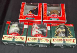 lot 151 image: BASEMENT - Lot of 5 Coca-Cola Christmas Ornaments - Contour Bottle & Trim-A-Tree Collection