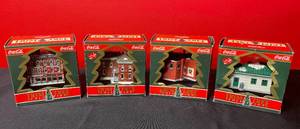 lot 152 image: BASEMENT - Coca-Cola Trim A Tree Collection Christmas Village House Ornaments - Set of 4