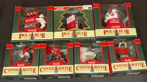 lot 161 image: BASEMENT - Lot of 7 Coke Coca-Cola Christmas Ornaments - Polar Bear and Contour Bottle Collections