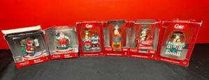 lot 187 image: BASEMENT - Lot of 6 Coca-Cola Musical Ornaments and Mini Snowglobe Collection (2005)