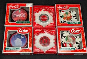 lot 189 image: BASEMENT - Lot of 6 Coca-Cola Trim-A-Tree and Coke Glass Snowflake Ornaments