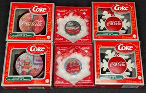 lot 190 image: BASEMENT - Lot of 6 Coca-Cola Christmas Tree Ornaments - Collectible Holiday Decorations