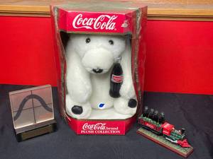 lot 474 image: BASEMENT - Coca-Cola Collectible Lot - Plush Bear, Train Set, Award Plaque