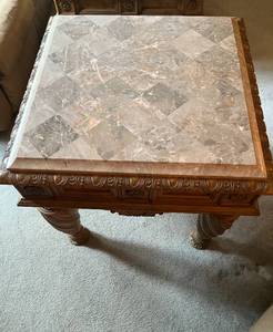 lot 355 image: MAIN - Wooden Coffee Table with Marble Inlay and Carved Details