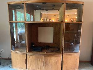 lot 360 image: MAIN - Wooden Entertainment Center with Glass Doors and Built-In Lights