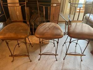 lot 365 image: MAIN - Set of 3 Metal Bar Stools with Brown Suede Cushions
