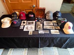 lot 374 image: MAIN - Military Memorabilia Lot with Hats, Photographs, and Collectibles