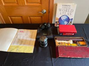lot 375 image: MAIN - Vintage Atlas and Binoculars Lot with Shotgun Cleaning Kit