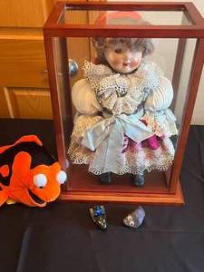 lot 382 image: MAIN - Vintage Doll in Glass Case with Plush Toy and Collectible Figures