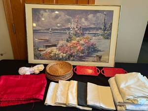 lot 385 image: MAIN - Framed Landscape Art Print with Assorted Household Linens and Decorations