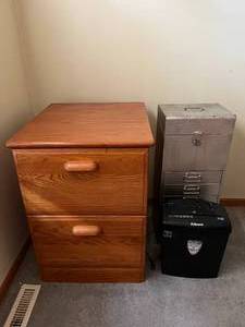 lot 392 image: MAIN - Office Storage Lot Wooden 2-Drawer File Cabinet, Metal Locking Cabinet, Fellowes Paper Shredder