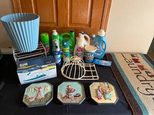 lot 370 image: MAIN - Lot of Partial Laundry Supplies, Decor, and Iron
