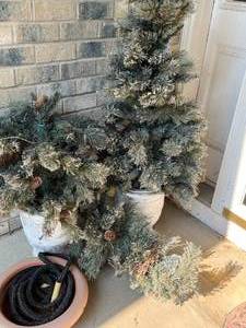 lot 399 image: FNT PRCH - Assorted Faux Pine Trees and Garden Hose Bundle