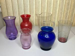 lot 262 image: MAIN - Assorted Colorful Decorative Glass Vases and Pitcher Lot