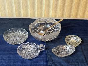 lot 282 image: MAIN - Vintage Crystal Glass Serving Dish Lot - 5 Pieces with Silver Tone Spoon