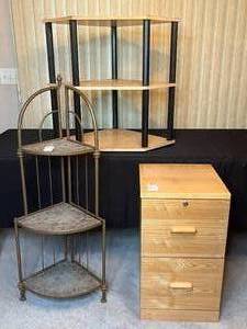 lot 303 image: MAIN - Mixed Furniture Lot Corner Metal Shelf, Hexagonal Wooden Shelf, 2-Drawer File Cabinet