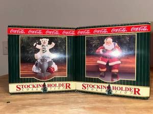 lot 72 image: BASEMENT - Coca-Cola Brand Stocking Holder Collection - Santa and Polar Bear Figures