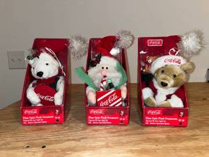 lot 216 image: BASEMENT - Lot of 3 Coca-Cola Fiber Optic Plush Ornaments - Polar Bear, Santa, Bear