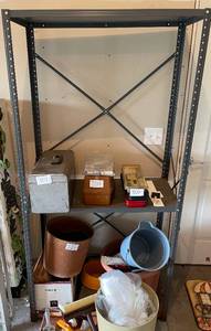 lot 311 image: GARAGE - Heavy-Duty Metal Shelf with Assorted Tools and Buckets