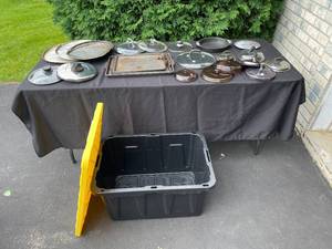 lot 313 image: GARAGE - Assorted Lot of Pots and Pans with Lids and Storage Bin