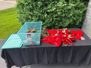 lot 335 image: GARAGE - Assorted Holiday Decorations in Rubbermaid Clear Box