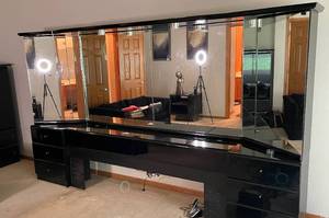 lot 349 image: MAIN - Black Lacquer Lighted Mirrored VanityDesk with Attached Mirror