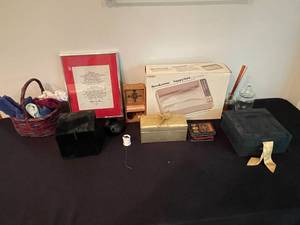 lot 407 image: MAIN - Assortment of Home Decor, Framed Print, Brookstone HappyFeet, and Decorative Items