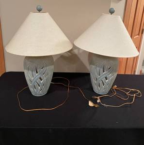 lot 424 image: BASEMENT - Pair of Ceramic Leaf Design Table Lamps with Linen Shades