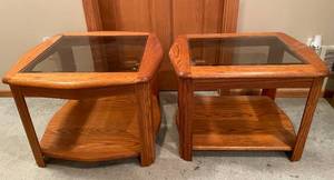 lot 425 image: BASEMENT - Pair of Wooden End Tables with Glass Tops