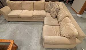 lot 426 image: BASEMENT - Tan Fabric Sectional Sofa with Cushions