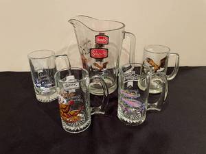 lot 428 image: BASEMENT - Vintage Schmidt Beer Glass Set With Pitcher - Wildlife Theme