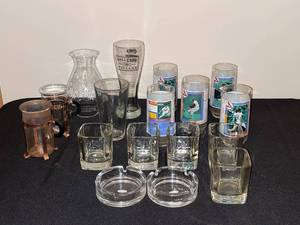 lot 429 image: BASEMENT - Assorted Glassware Collection Featuring Vintage Baseball Themed Glasses