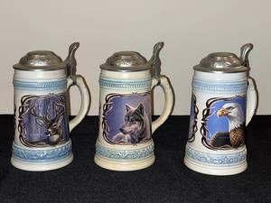 lot 430 image: BASEMENT - Set of 3 Collectible Wildlife Beer Steins with Pewter Lids
