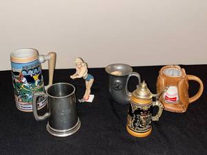 lot 432 image: BASEMENT - Assorted Collectible Beer Steins and Figurine Lot