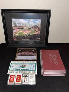 lot 437 image: BASEMENT - Sports Memorabilia Lot - Framed Photos, Cribbage Board & Playing Cards