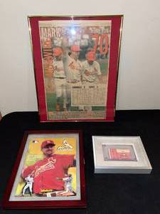 lot 442 image: BASEMENT - Framed Mark McGwire Collectible Lot - Newspaper, Poster, Game Ticket