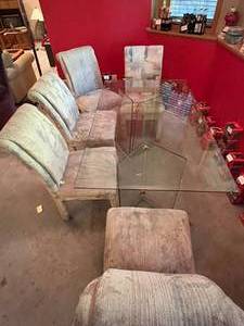 lot 490 image: BASEMENT - Glass Top Dining Table with 8 Upholstered Chairs ONLY