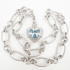 lot 12 image: JUDITH RIPKA Blue Topaz Heart & CZ Accented Sterling Silver Enhancer & Paperclip Chain.