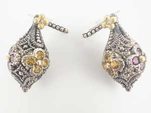 lot 32 image: BARBARA BIXBY Rhodolite Garnet & Citrine Flower Sterling And 18K Yellow Gold French Wire Earrings.