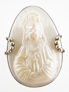 lot 15 image: COLLEEN LOPEZ White Mother Of Pearl Quan Yen Yellow And White Sterling Silver Ring. Size 10.5-11.