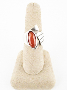 lot 16 image: Dennison John, NAVAJO Oval Cut Coral Sterling Silver Statement Ring. Size 7-8.5 .