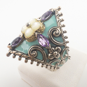 lot 20 image: BARBARA BIXBY Amethyst & Turquoise Enamel, Mother Of Pearl Flower Sterling And 18K Yellow Gold Ring. Size 10.