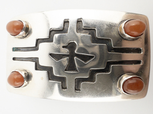 lot 21 image: NAVAJO Round Cabochon Orange Chalcedony Thunderbird Sterling Silver Belt Buckle.