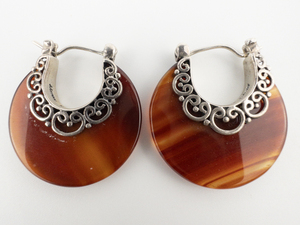 lot 29 image: TALIA MERAV Orange Gemstone Crescent-Shaped Sterling Silver Hinged Wire Hoop Earrings.